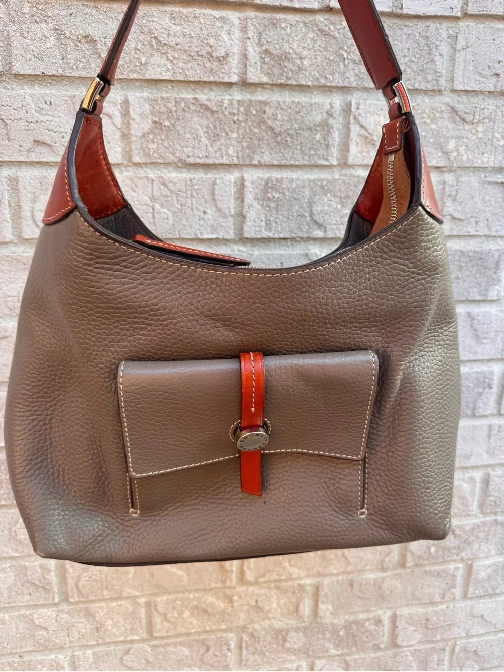 Dooney & Bourke Taupe Leather Shoulder Bag with Brown Accents